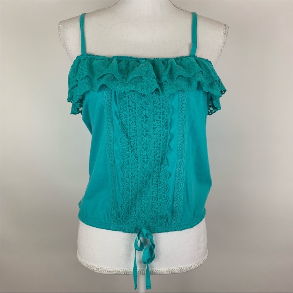 Aero Teal Blue Ruffle Lace Sleeveless Tank Top